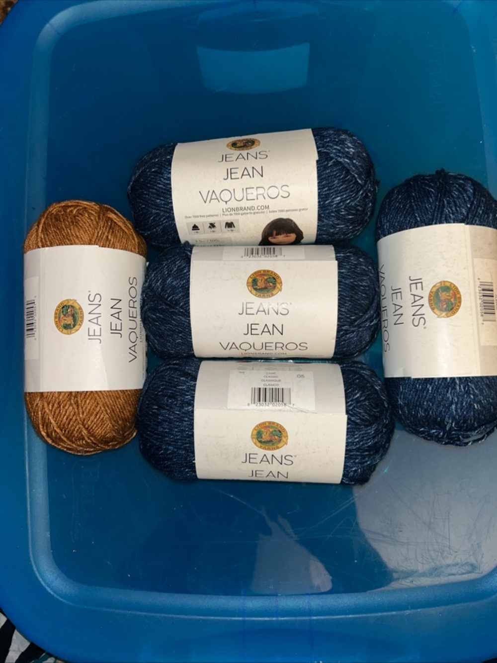 Lion Brand Jeans Yarn Lot - Denim Blue & Topstitch. 5 Skeins